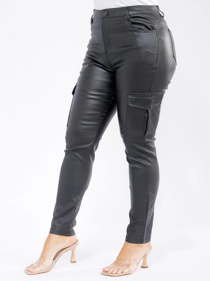 PLUS SIZE CARGO FAUX LEATHER PAINTED ON STRAIGHT LEG PANTS
