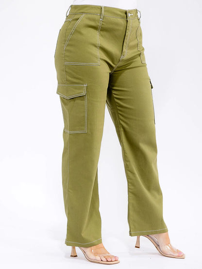PLUS SIZE CARGO POCKETS WIDE LEG PANTS-OLIVE (RUNS SMALL SIZE UP)
