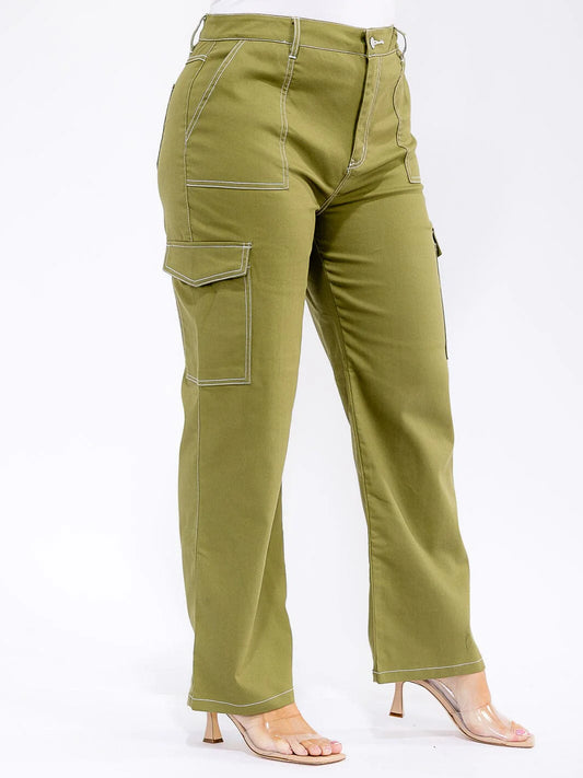 PLUS SIZE CARGO POCKETS WIDE LEG PANTS-OLIVE (RUNS SMALL SIZE UP)