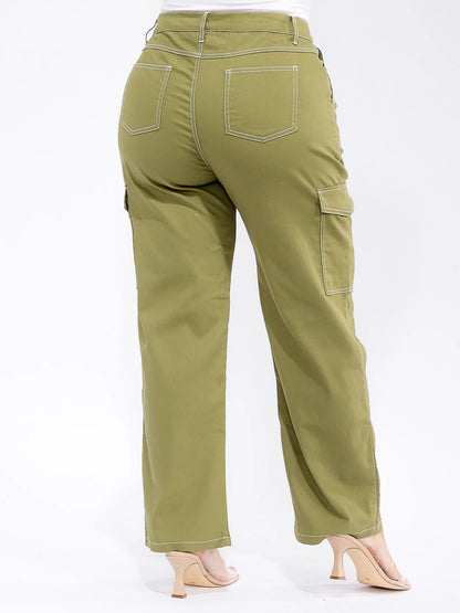 PLUS SIZE CARGO POCKETS WIDE LEG PANTS-OLIVE (RUNS SMALL SIZE UP)