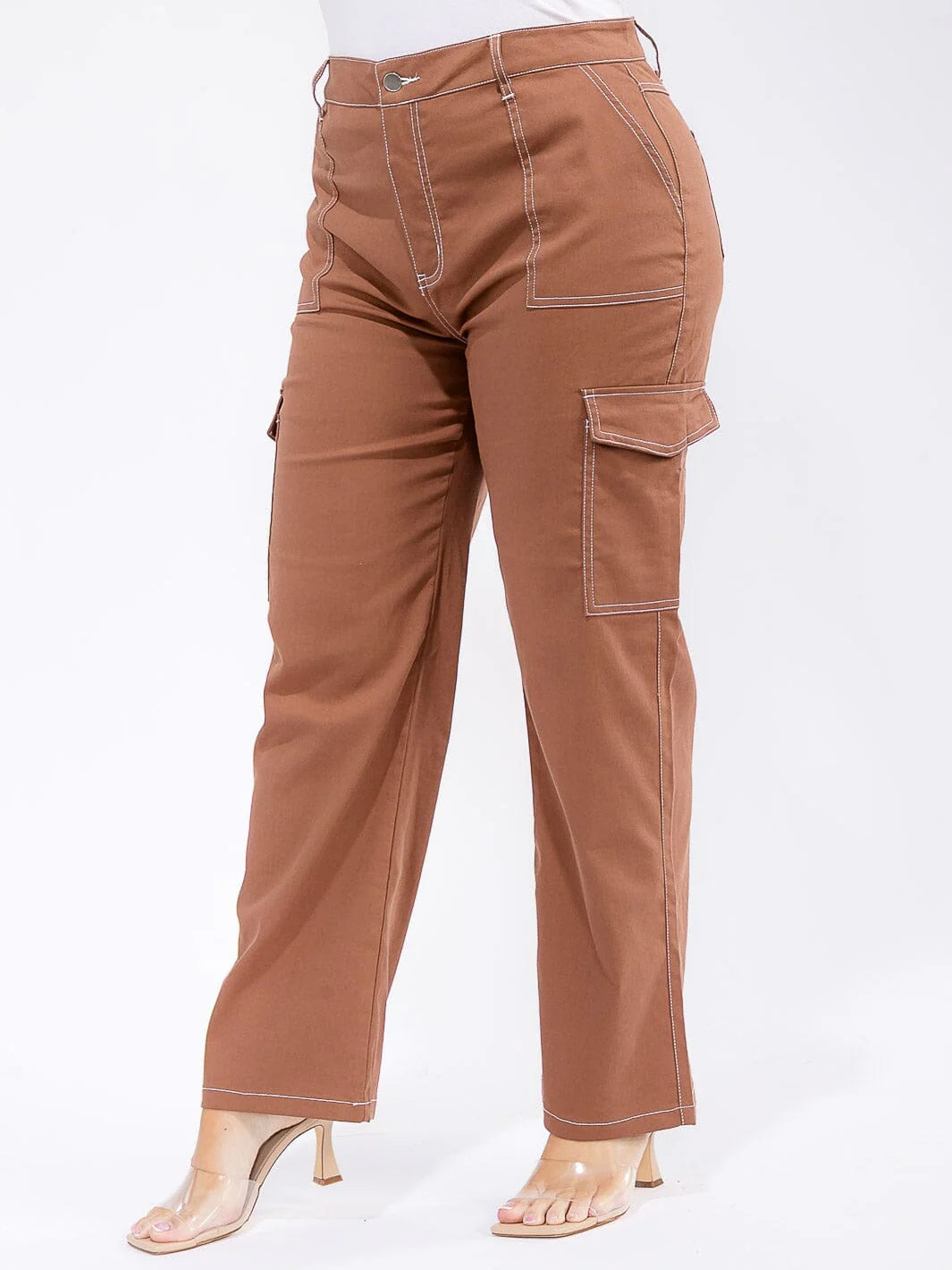 PLUS SIZE CARGO POCKETS WIDE LEG PANTS-BROWN (RUNS SMALL SIZE UP)-43