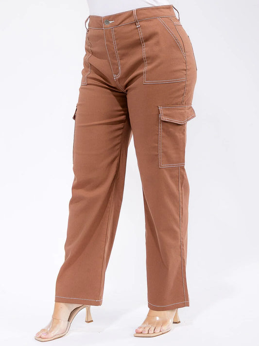 PLUS SIZE CARGO POCKETS WIDE LEG PANTS-BROWN (RUNS SMALL SIZE UP)