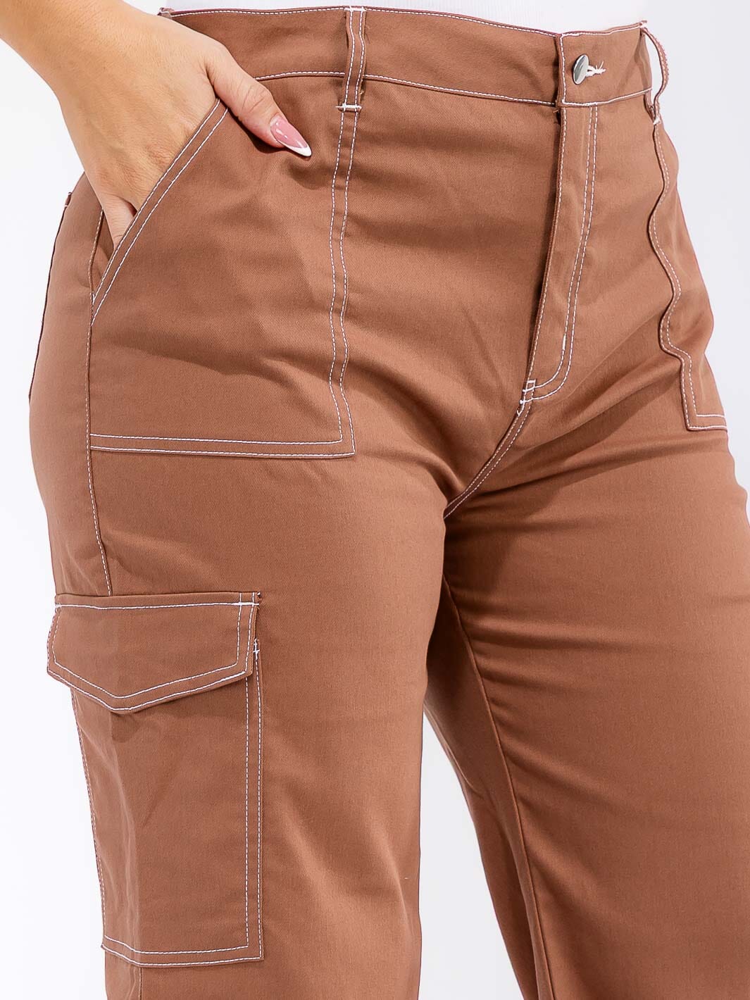 PLUS SIZE CARGO POCKETS WIDE LEG PANTS-BROWN (RUNS SMALL SIZE UP)-43