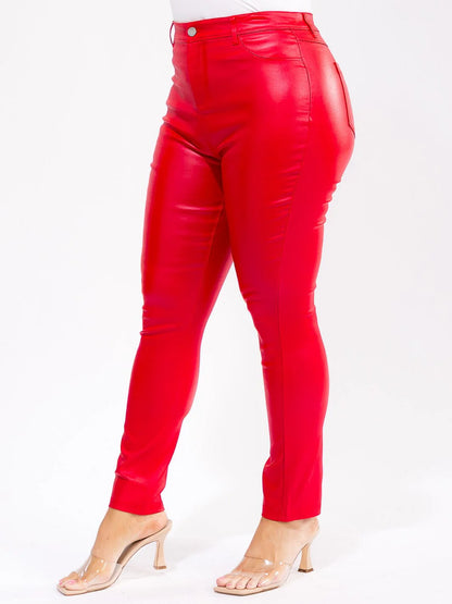 PLUS SIZE FAUX LEATHER  BUTTON CLOSURE BACK POCKETS PANTS-RED