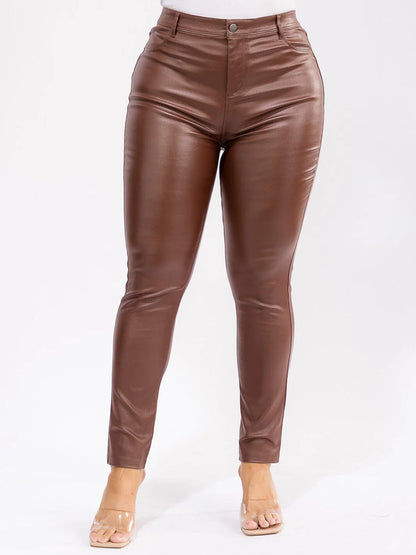 PLUS SIZE FAUX LEATHER  BUTTON CLOSURE BACK POCKETS PANTS-BROWN