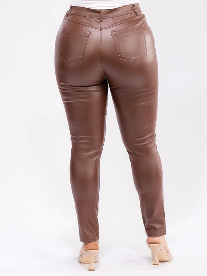 PLUS SIZE FAUX LEATHER  BUTTON CLOSURE BACK POCKETS PANTS-BROWN