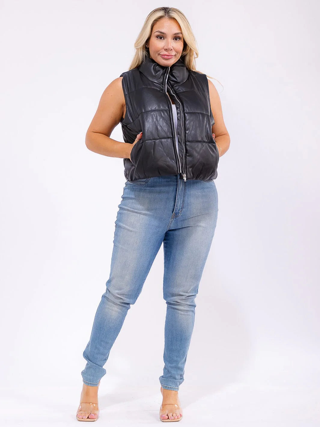 PLUS SIZE FAUX LEATHER PUFFER VEST-BLACK