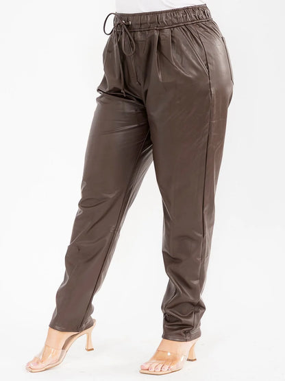 PLUS SIZE FAUX LETTER STRETCHY DRAWSTRING PANTS w/POCKETS-CHOCOLATE-59