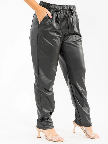 PLUS SIZE FAUX LETTER STRETCHY DRAWSTRING PANTS w/POCKETS-BLACK-59