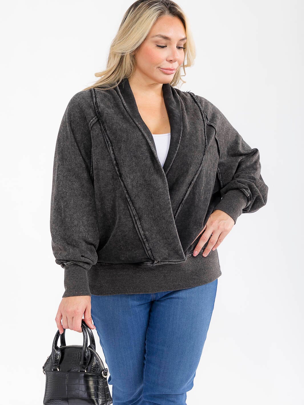 PLUS SIZE OPEN FRONT PULLOVER WASHED SWEATER-BLACK-68
