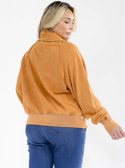 PLUS SIZE OPEN FRONT PULLOVER WASHED SWEATER-MUSTARD-68