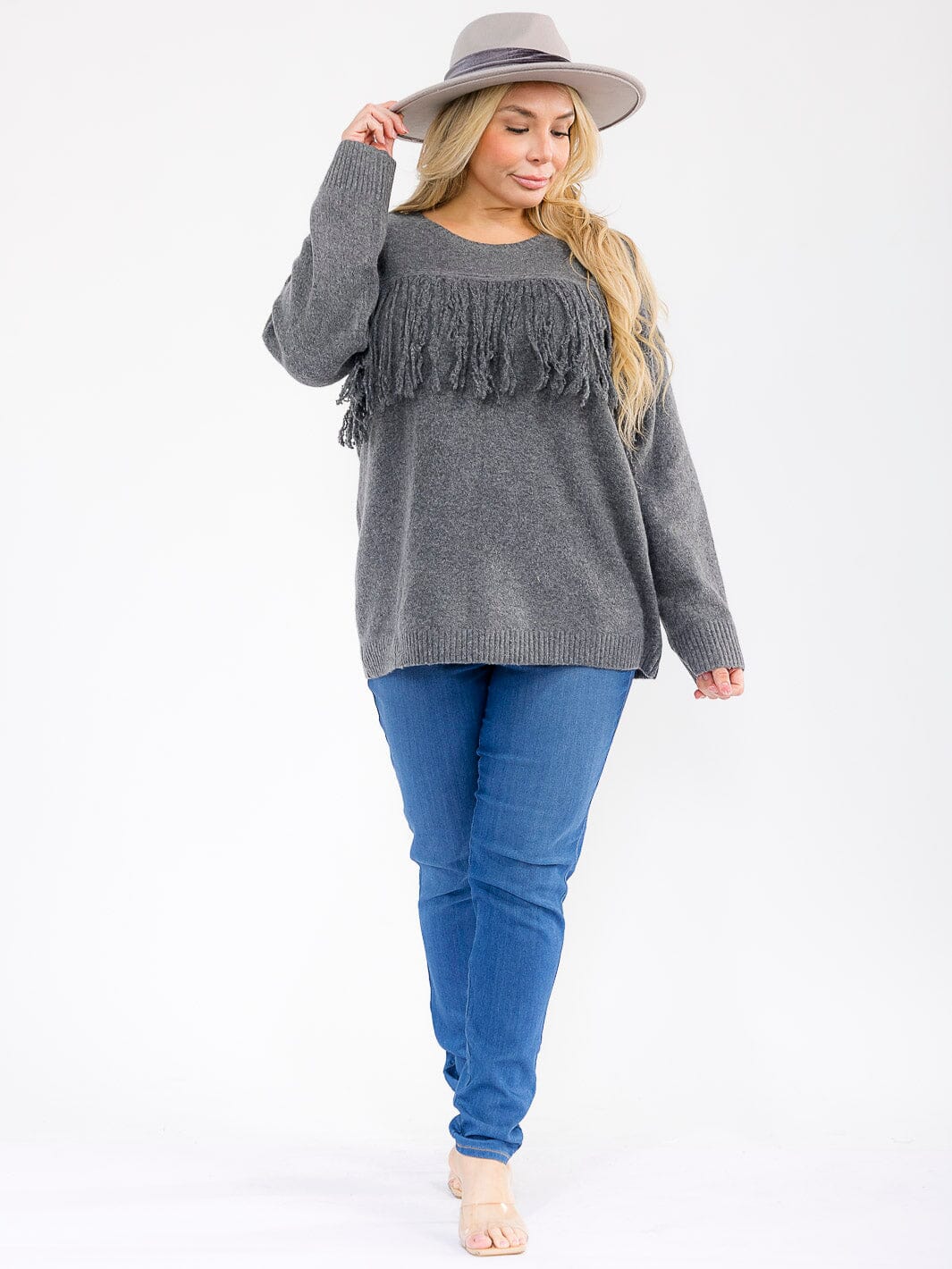 PLUS SIZE FRINGE IT SWEATER-CHARCOAL-65