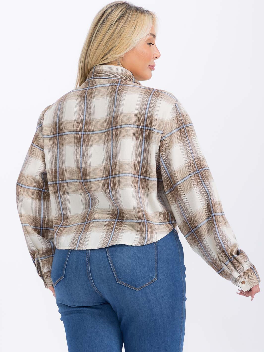PLUS SIZE LONG SLEEVE FRONT POCKET BUTTON UP PLAID SHIRT