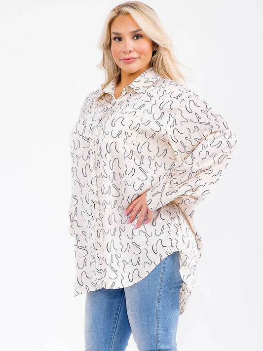 PLUS SIZE SCRIBBLE MIX BUTTON UP TOP-CREAM