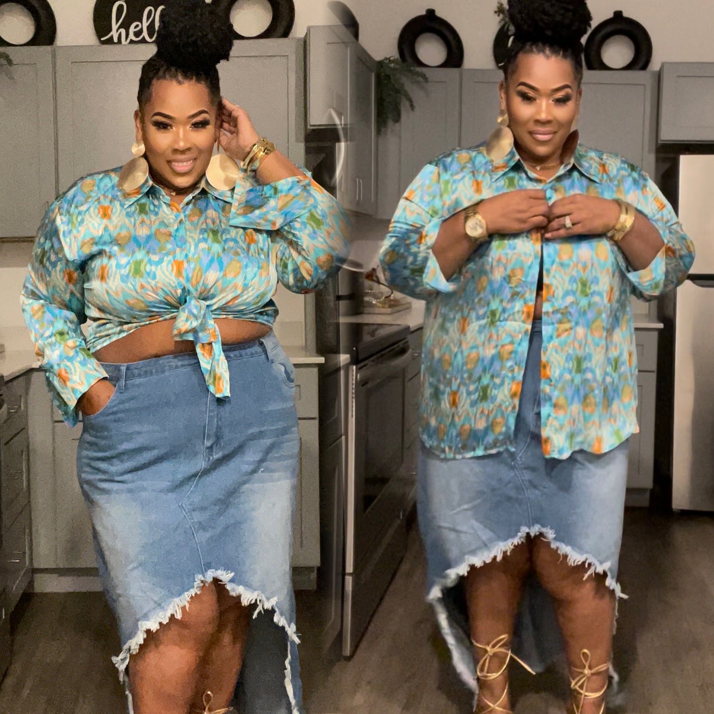 MULTI BLUE MIX COLORED BUTTON UP TOP