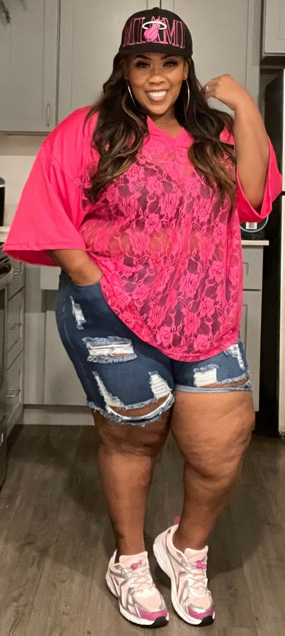 PLUS SIZE LACE JERSEY TOP-HOT PINK