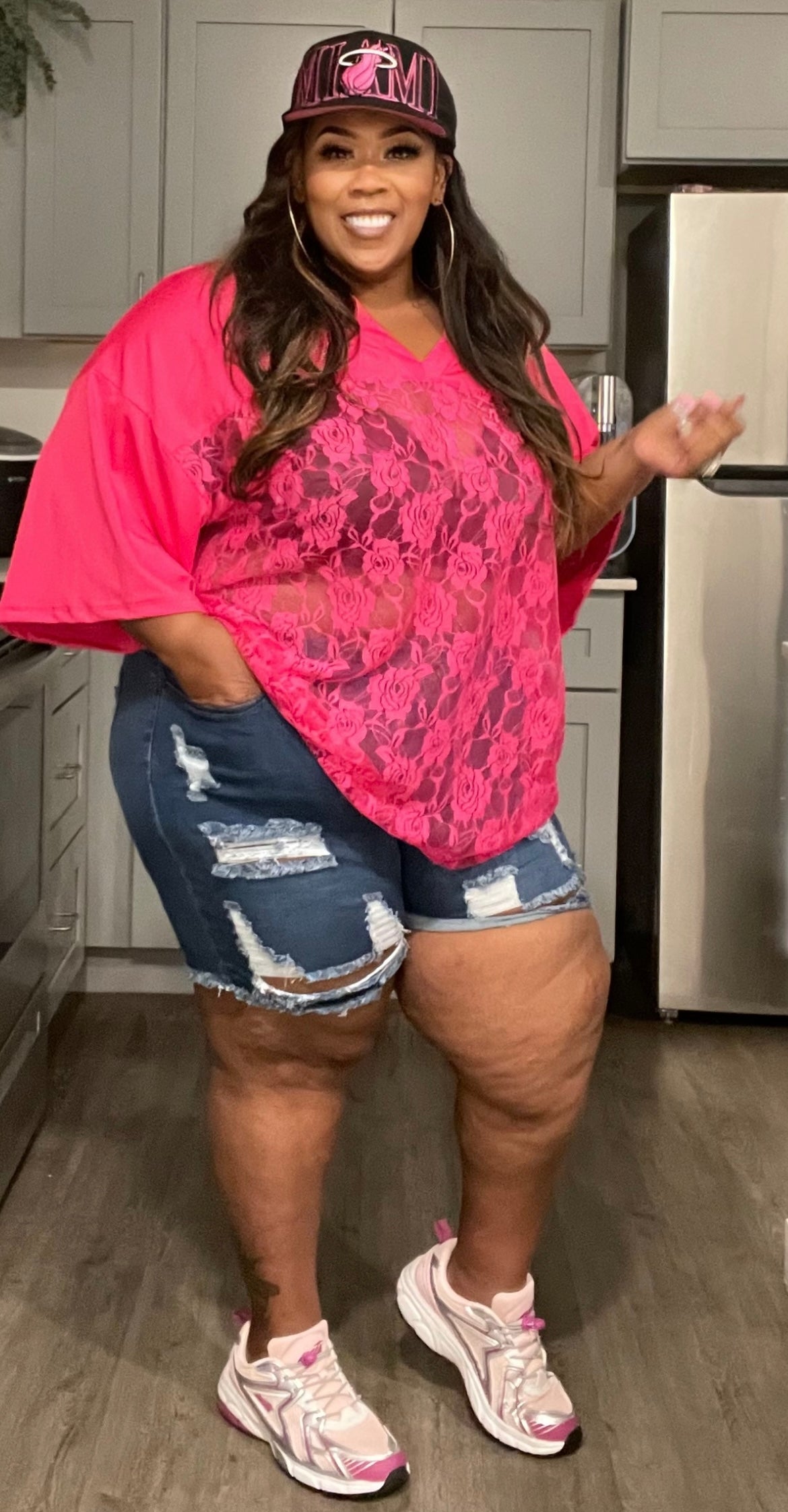 PLUS SIZE LACE JERSEY TOP-HOT PINK