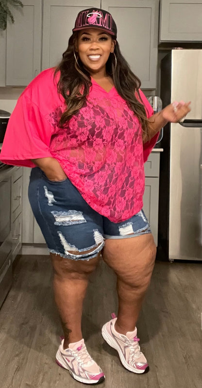 PLUS SIZE LACE JERSEY TOP-HOT PINK