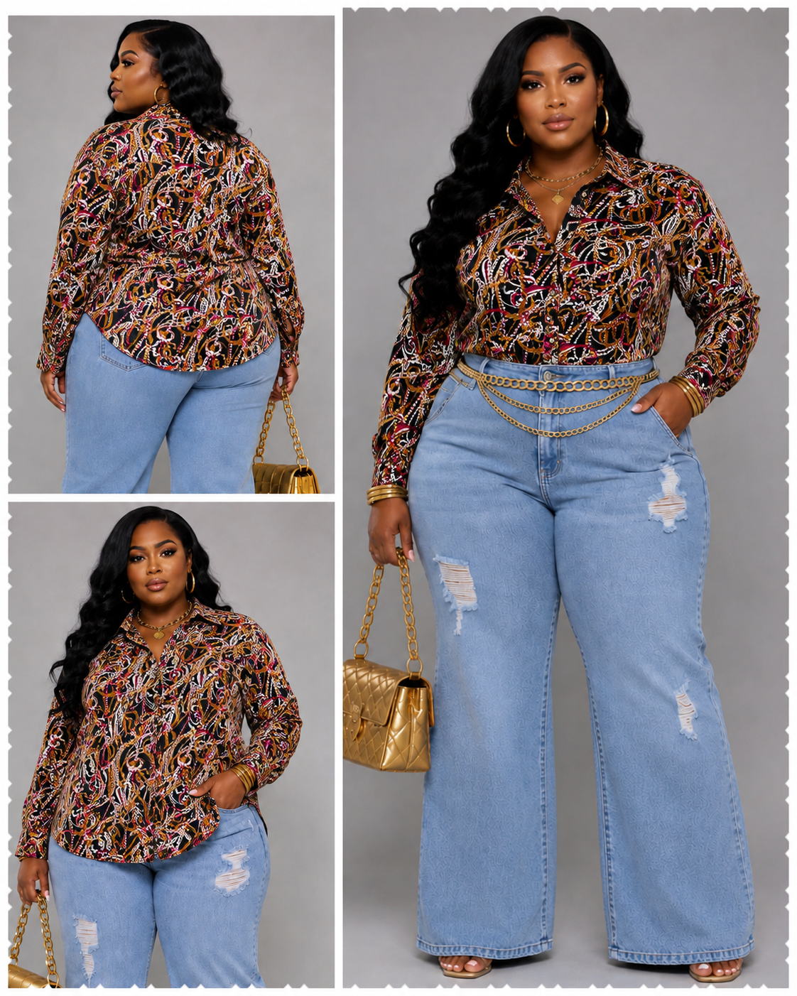 PLUS SIZE BLACK MULTI MIX PRINTED BUTTON UP LONG SLEEVE TOP-17
