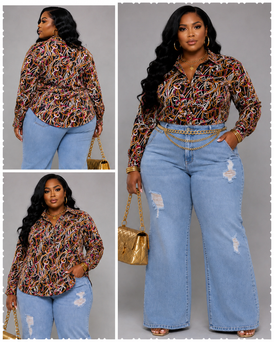 PLUS SIZE BLACK MULTI MIX PRINTED BUTTON UP LONG SLEEVE TOP-17