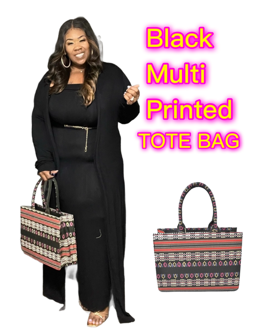 BLACK Multi Pattern Woven Canvas Tote Bag