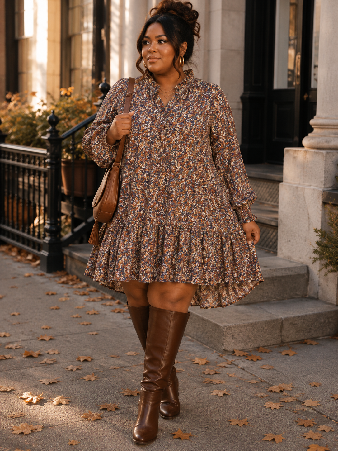 PLUS SIZE LONG SLEEVE FLORAL TIERED LOOSE FIT MINI DRESS-45