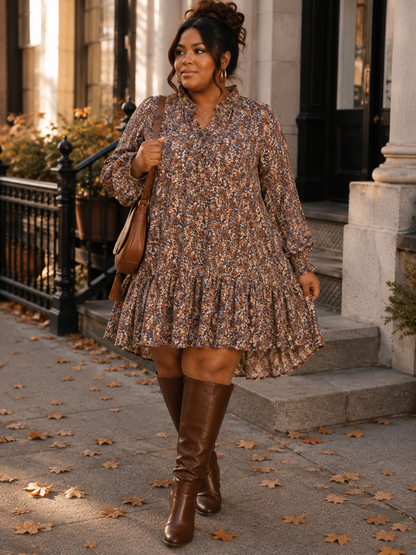 PLUS SIZE LONG SLEEVE FLORAL TIERED LOOSE FIT MINI DRESS-45