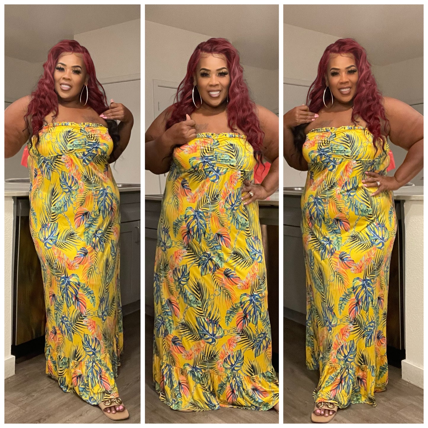 PLUS SIZE YELLOW MIX FLORAL HALTER MAXI DRESS