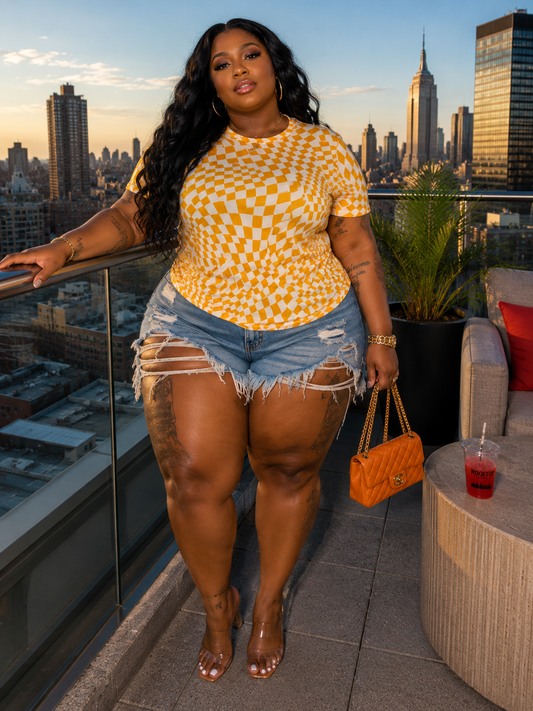 Plus Size STRECY MESH CHECKER PRINT TOP-YELLOW-65