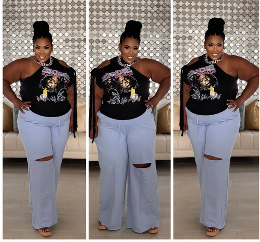 PLUS SIZE WIDE LEG SLICED KNEE -POCKET PANTS-BABY BLUE