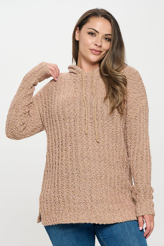 PLUS SIZE POPCORN TUNIC HOODIED SWEATER -TAUPE