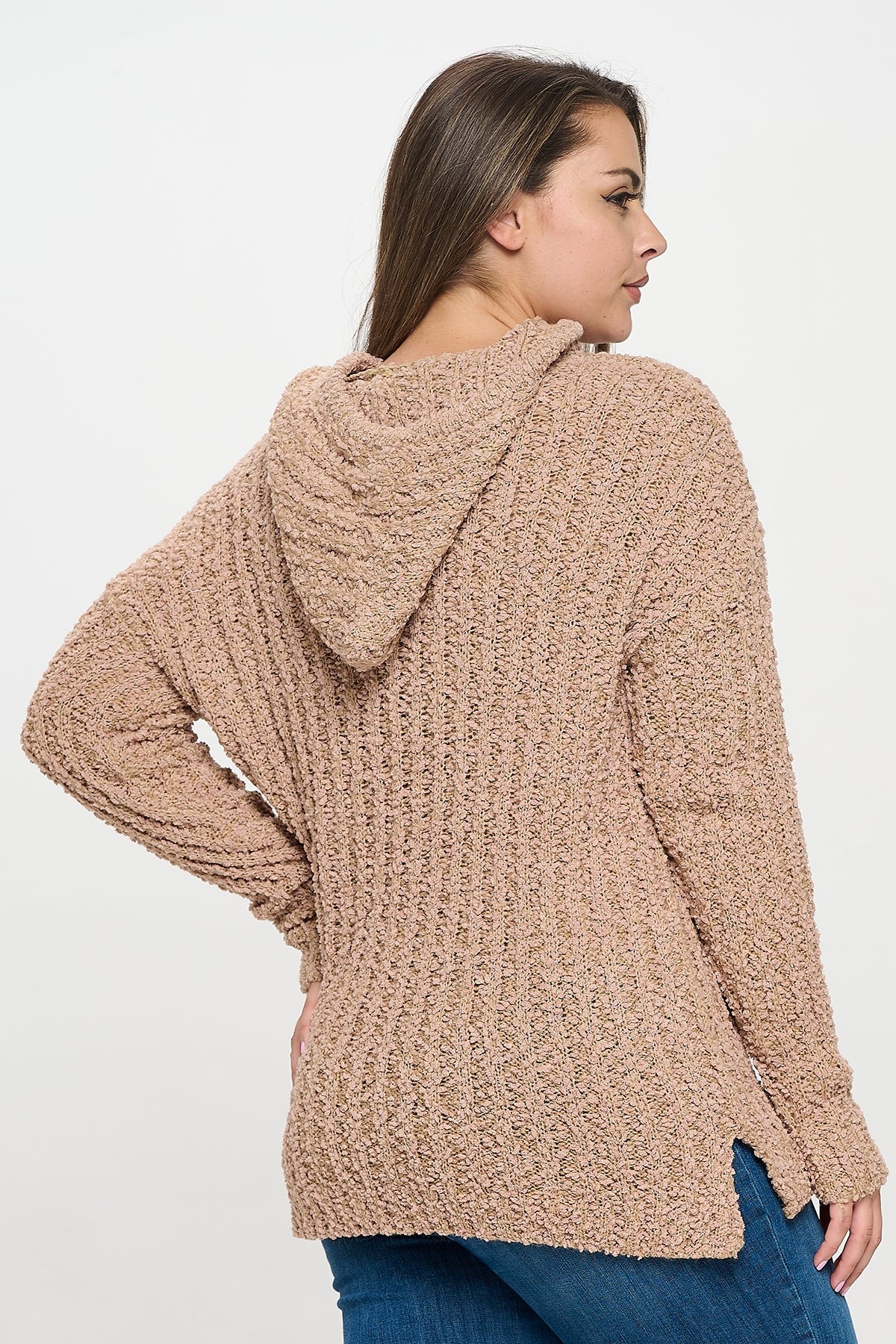 PLUS SIZE POPCORN TUNIC HOODIED SWEATER -TAUPE