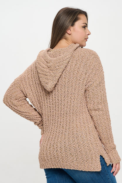 PLUS SIZE POPCORN TUNIC HOODIED SWEATER -TAUPE