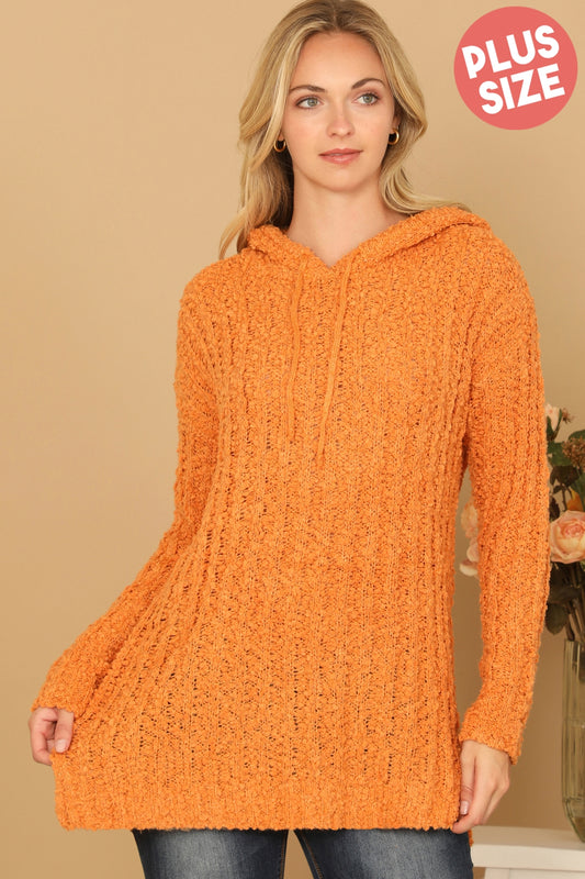 PLUS SIZE POPCORN TUNIC HOODIED SWEATER -MUSTARD