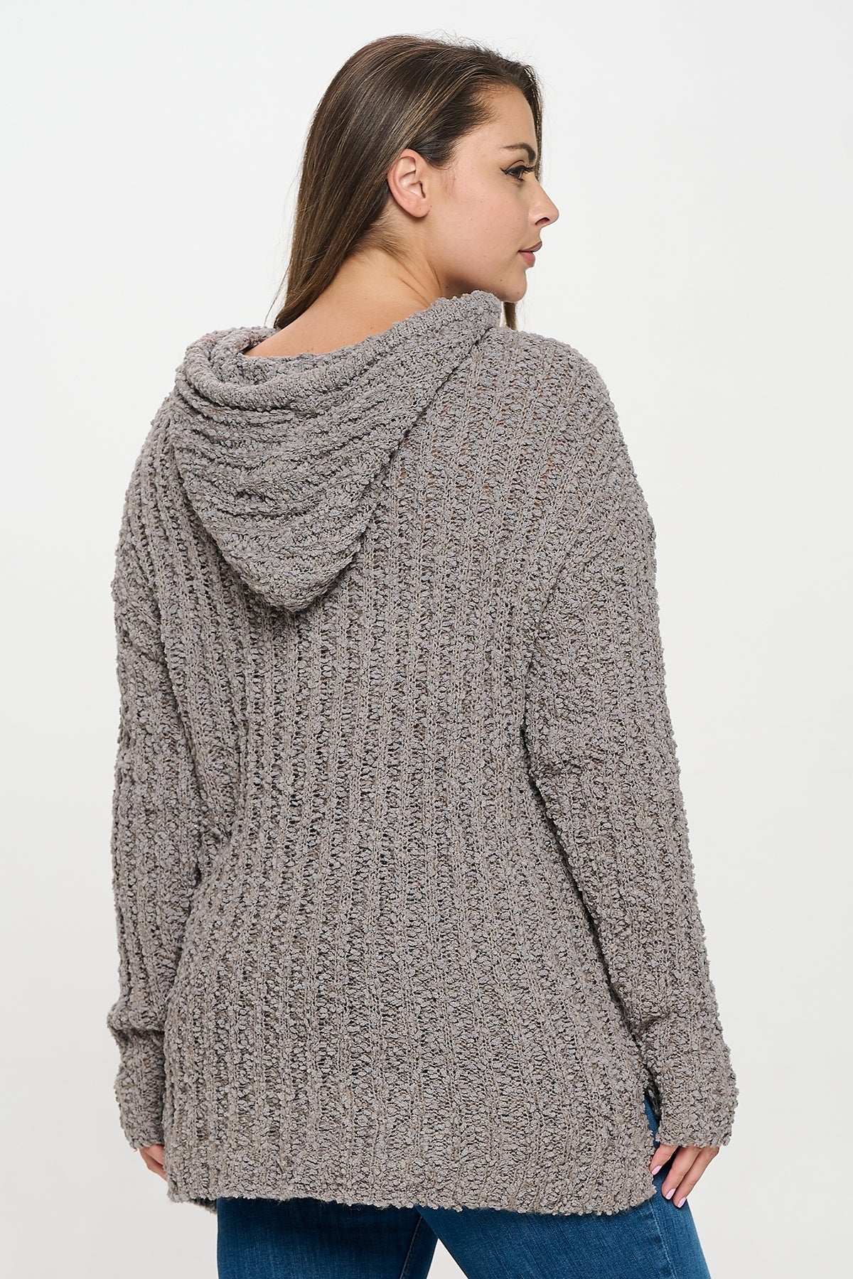 PLUS SIZE POPCORN TUNIC HOODIED SWEATER -GREY