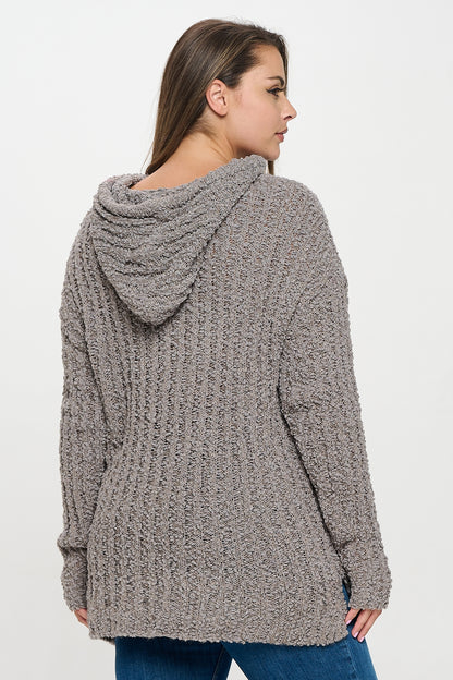 PLUS SIZE POPCORN TUNIC HOODIED SWEATER -GREY
