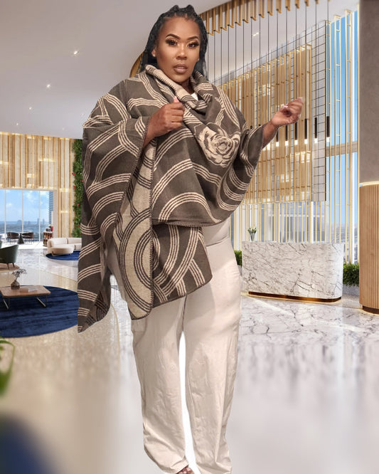 PLUS SIZE GEOMETRIC PRINT OPEN FRONT KIMONO-GREY
