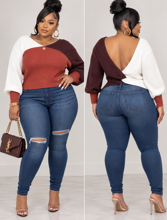 COLOR BLOCK SEXY BACK SWEATER-RUST MIX