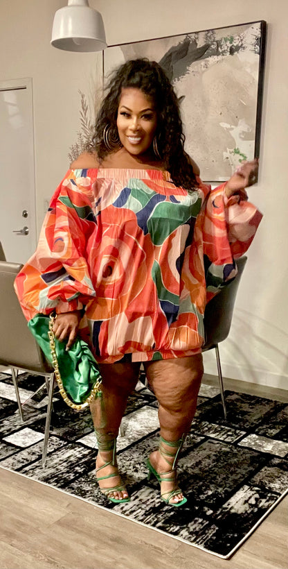 PLUS SIZE Off Shoulder Exaggerated Sleeves Bubble Dress Top-ORANGE MIX