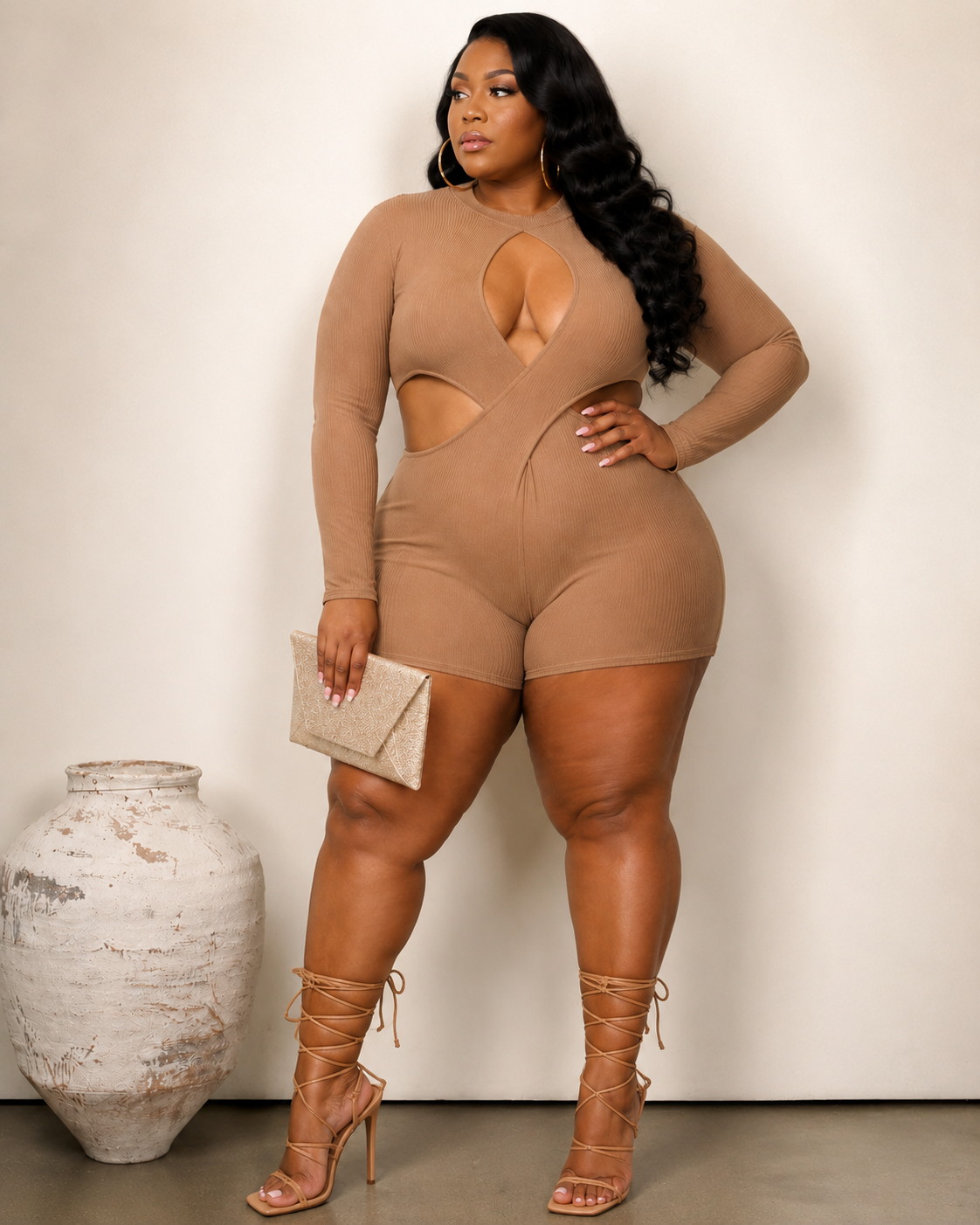PLUS SIZE LONG SLEEVE FRONT CUT OUT ROMPER-KHAKI-58