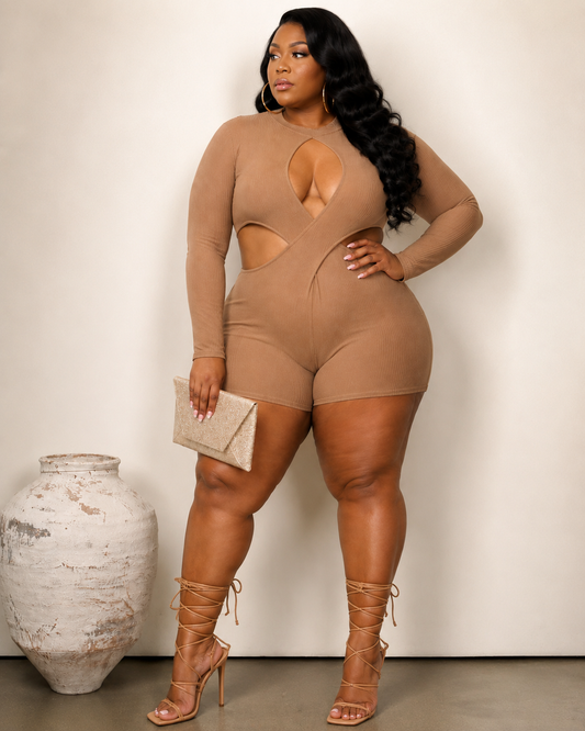 PLUS SIZE LONG SLEEVE FRONT CUT OUT ROMPER-KHAKI-63