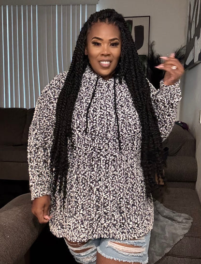 PLUS SIZE POPCORN TUNIC HOODIED SWEATER -BLACK/WHITE MIX