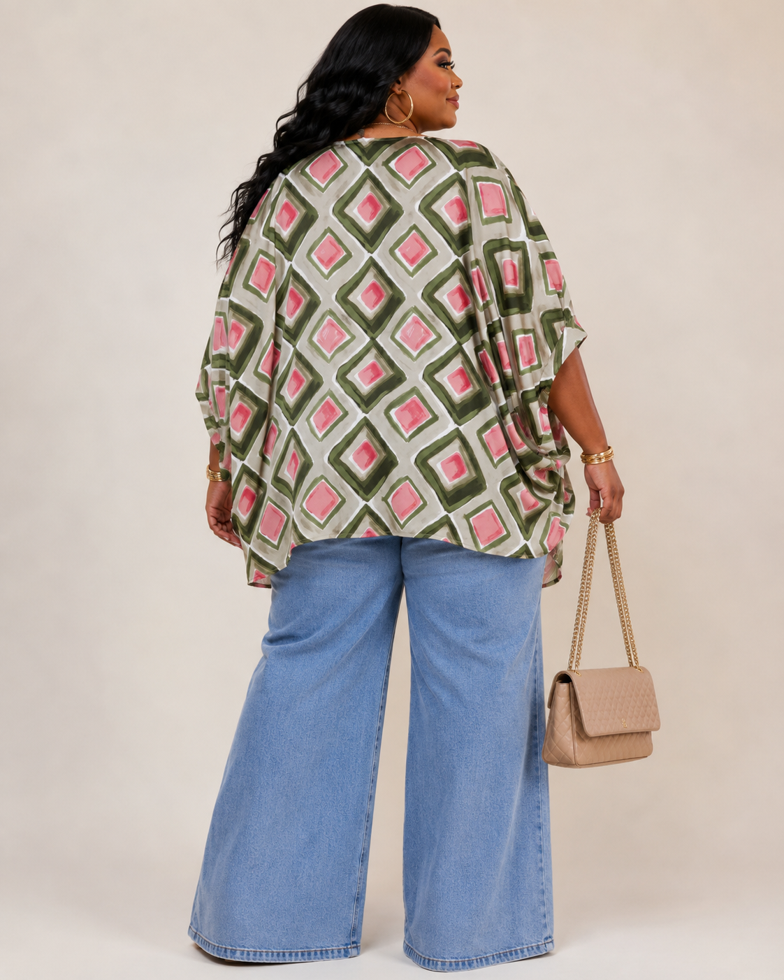 PLUS SIZE SHORT SLEEVE V-NECK MULTI PRINT TUNIC BLOUSE-OLIVE MIX-55