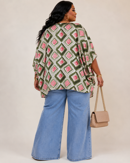 PLUS SIZE SHORT SLEEVE V-NECK MULTI PRINT TUNIC BLOUSE-OLIVE MIX-55