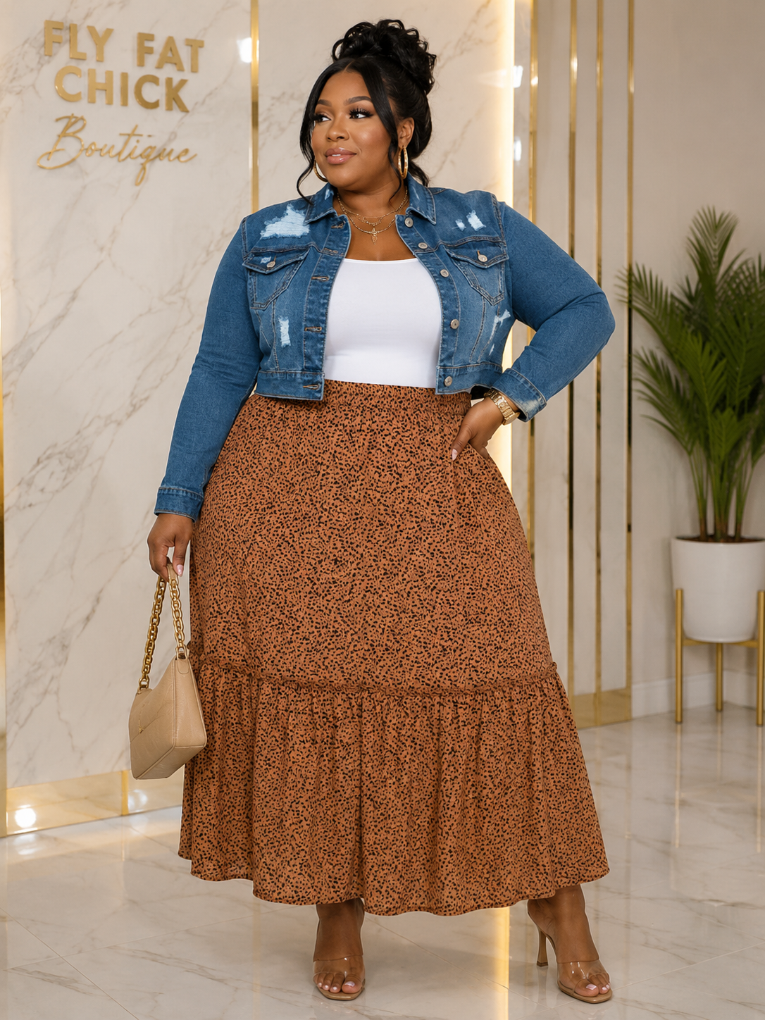 PLUS SIZE ELASTIC WAIST ANIMAL PRINT TIERED MAXI SKIRT-56