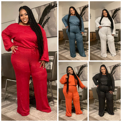 PLUS SIZE 2-PIECE HACI WIDE LEG PANT SET-GREY