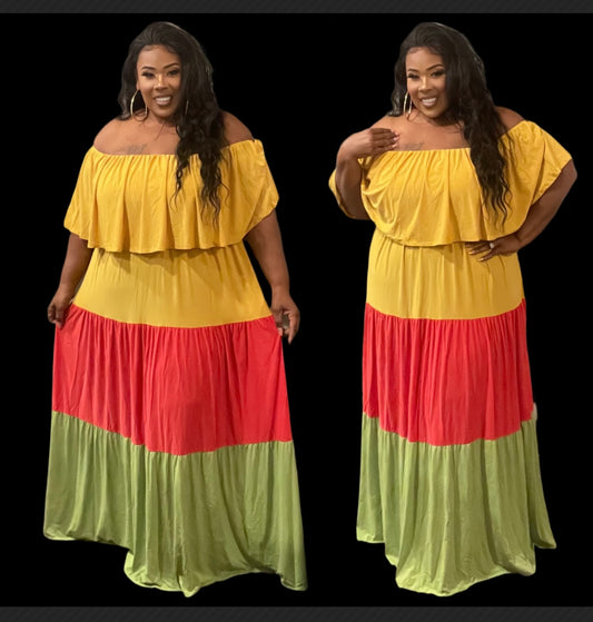 PLUS SIZE OFF SHOULDER RUFFLE TIERED COLORBLOCK MAXI DRESS