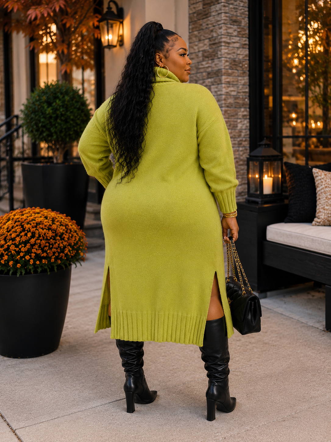 PLUS SIZE LONG SLEEVE TURTLE NECK SIDE SLIT SWEATER DRESS