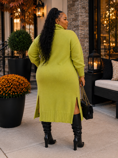 PLUS SIZE LONG SLEEVE TURTLE NECK SIDE SLIT SWEATER DRESS