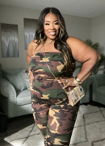 PLUS SIZE HALTER CAMO CAPRI ROMPER
